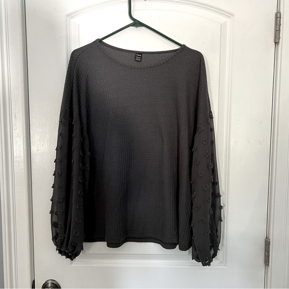 Women’s Long Sleeve Casual Top, Popcorn Sleeves, Size L, Dark Grey